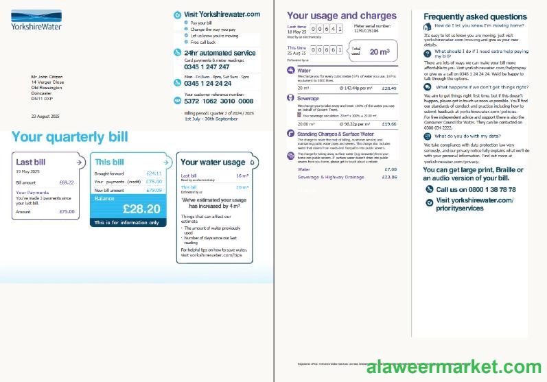 United Kingdom Yorkshire Water utility bill template in Word and PDF formats, 2 pages, version 2